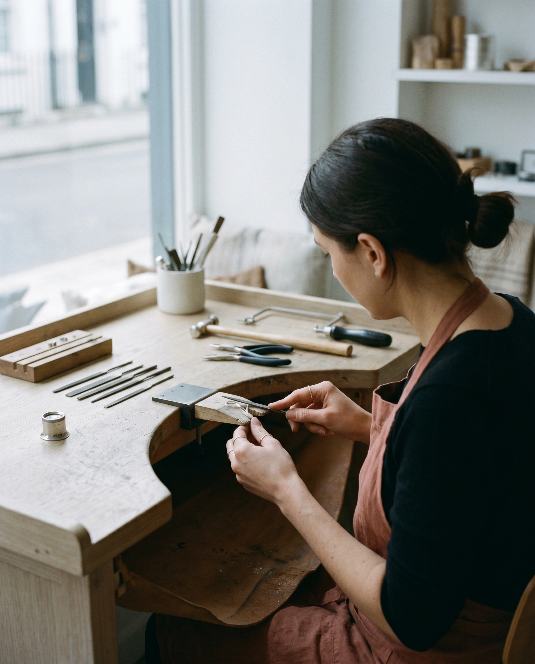 Marlies Bosch aan de werkbank in haar atelier